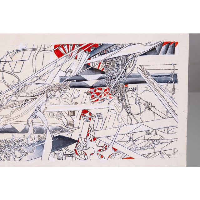 Glen Michaels Signed Modern Red & Gray Watercolor Ink Drawing Paper 8.5h X 20w For Sale In Detroit - Image 6 of 6
