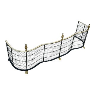 Vintage Brass Fireplace Fender – Federal Regency Serpentine Hearth Guard With Lion’s Paw Feet & Wire Lattice For Sale
