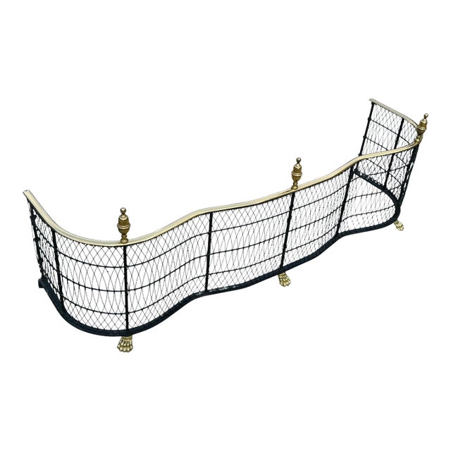 Vintage Brass Fireplace Fender – Federal Regency Serpentine Hearth Guard With Lion’s Paw Feet & Wire Lattice For Sale
