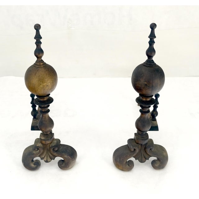 Victorian Pair of Large & Heavy Brass 23" Tall Ball Shape End Irons c.1900s For Sale - Image 3 of 9