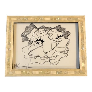 1980’s Vintage Original Wayne Cunningham Small Abstract Ink Portrait Drawing Vintage Frame For Sale