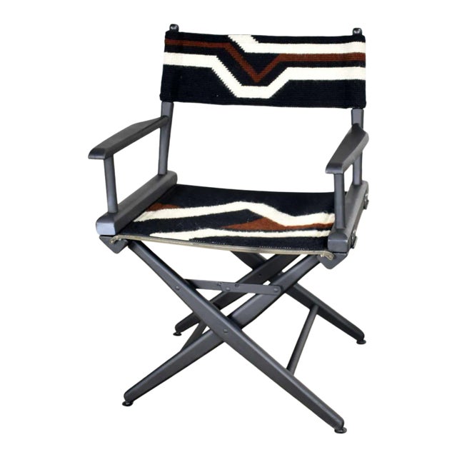 Vintage Needlepoint Director’s Chair Folding Black Brown White Geometric For Sale