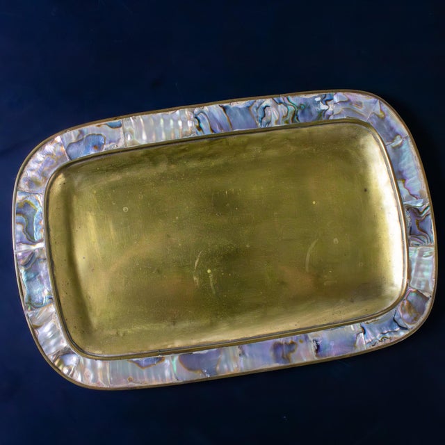 Mid-20th Century MCM 6 Cordial Stemmed Shots and Tray Set Abalone and Brass From Taxco Mexico For Sale - Image 14 of 18