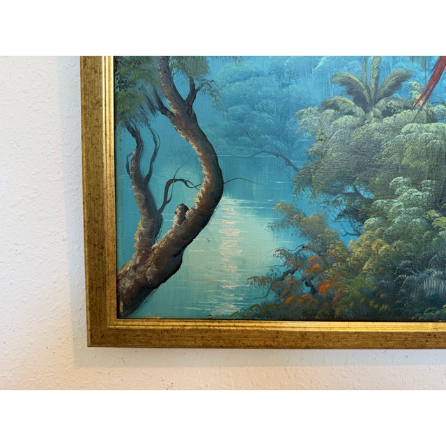 Paint Vintage Tropical Parrot Oil Painting Signed 1996, Colorful Macaws Jungle Scene For Sale - Image 7 of 13