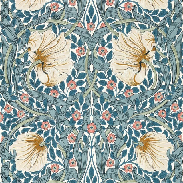 Morris & Co Pimpernel Wallpaper in Woad/Coral - a Sample For Sale