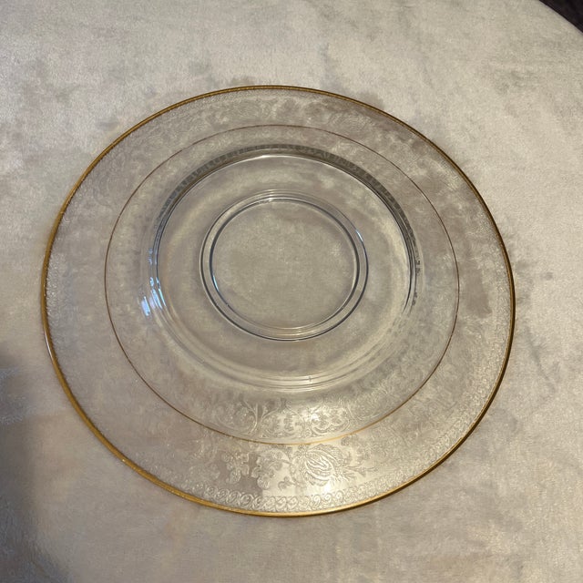 Round Depression Dip Platter Features: - ridged interior perfect to hold a bowl with dip - etched border; gold detailing...