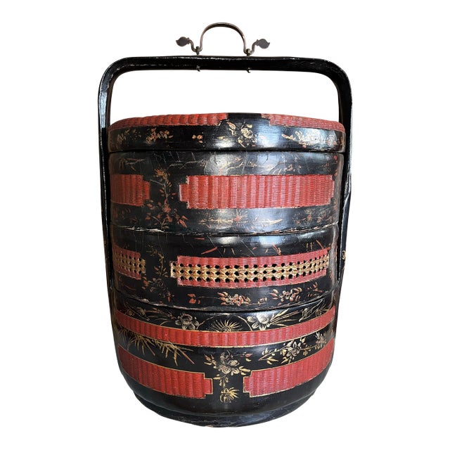Large Vintage Chinese Rattan 3 Section Basket For Sale