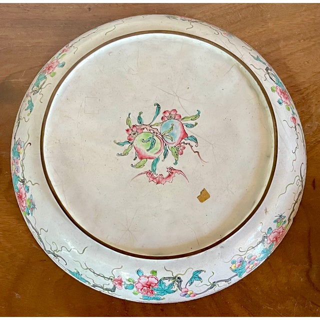 Antique 18th C. Chinese Qianlong Period (1736 - 1795) Canton Dish Painted Enamel on Copper With Flowers, Cricket and Bat For Sale - Image 9 of 13
