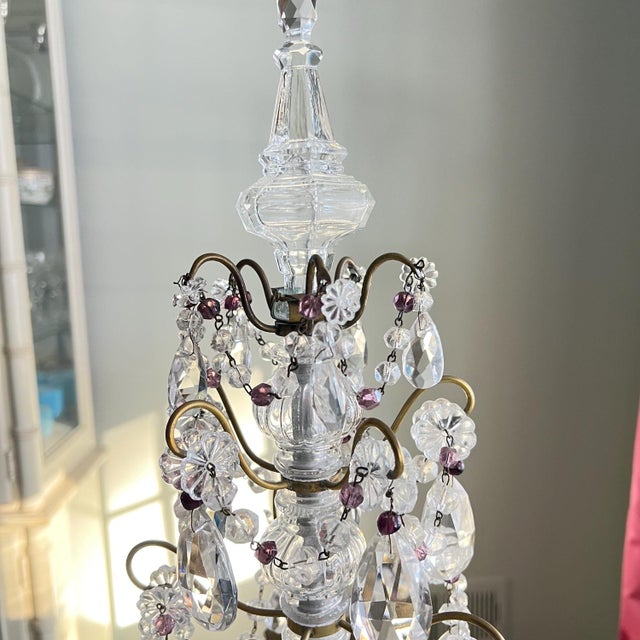 Transparent 1920s Beautiful 5-arm French Girandole crystal candelabra with purple accents // table chandelier // brass and crystal candle holder // amethyst For Sale - Image 8 of 12