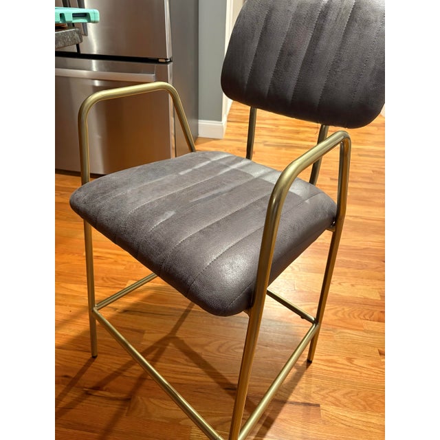 Charcoal Modern Glam Heavy-Duty Dark Gray Faux Suede & Brass Counter Stools (300lb Capacity) - Set of 3 For Sale - Image 8 of 11