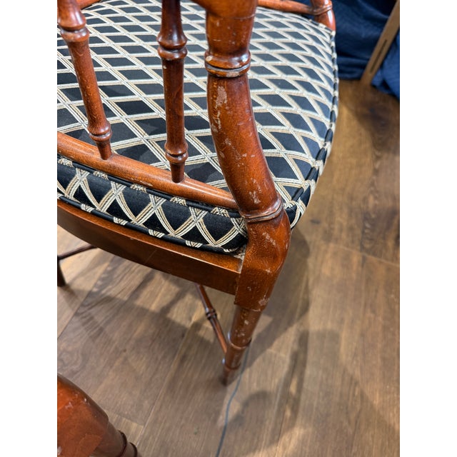 Pair of Baker Furniture Attributed Faux Bamboo Barrel Back Armchairs With Original Cane Seats & Cushions For Sale - Image 16 of 18