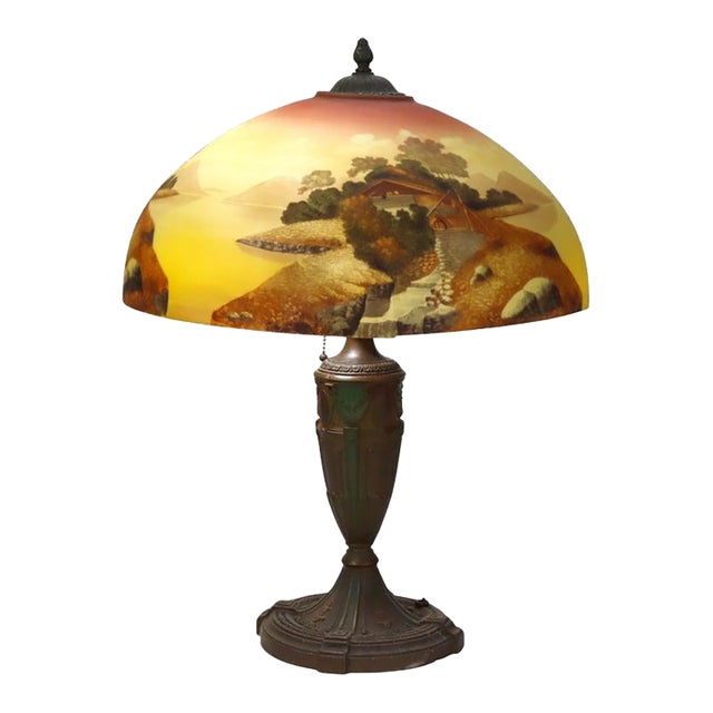 Arts & Crafts Reverse Painted Table Lamp With Mill Scene C1910 For Sale