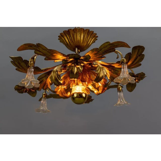 Italian Hollywood Regency Gilt Metal and Glass Flower Ceiling Light, 1970s For Sale - Image 11 of 18