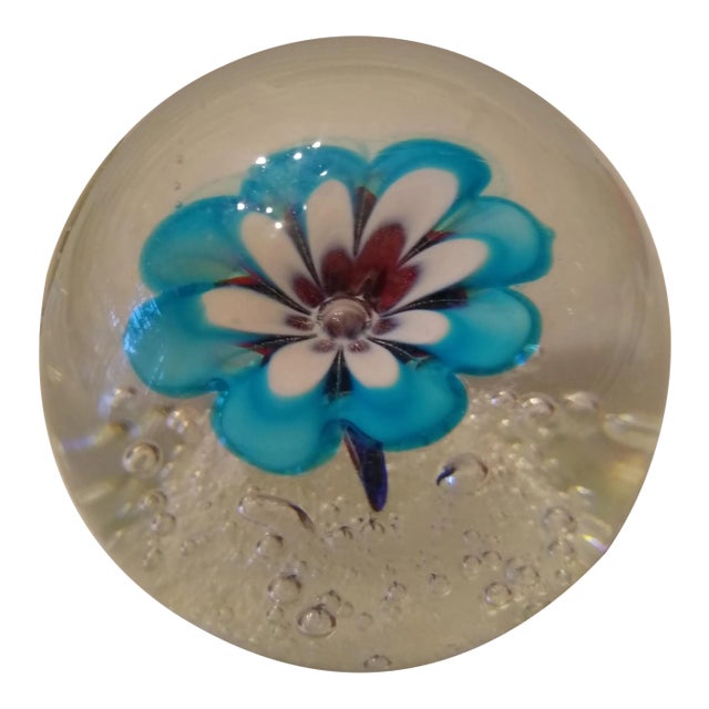 Early 20th Century Vintage Blue Daisy Murano Blown Glass Paperweight For Sale