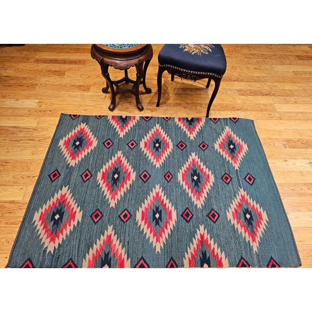 Vintage Southwestern Kilim Rug, Flat-Woven Wool, Geometric Pattern, Green & Red, 4x5 For Sale - Image 13 of 13
