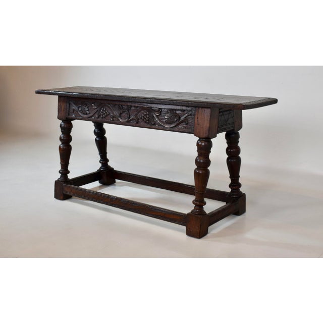 Farmhouse English Jacobean Revival Style Oak Bench For Sale - Image 3 of 9
