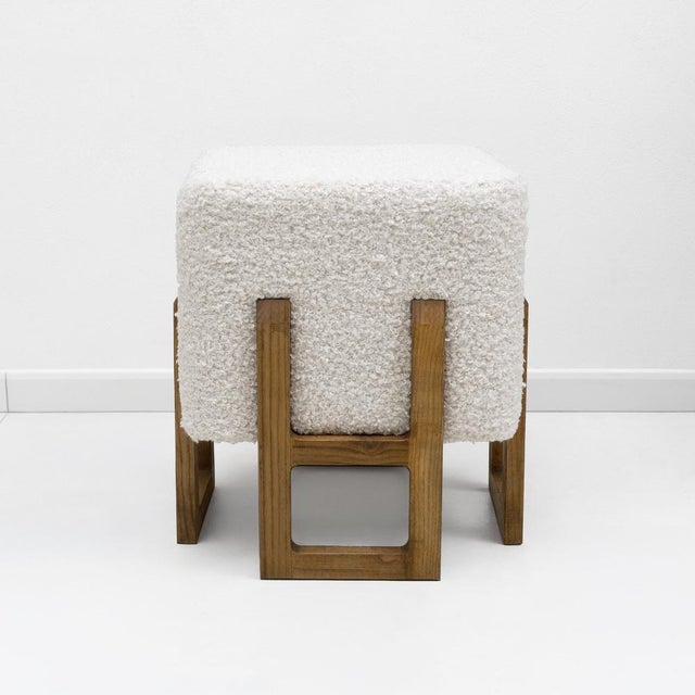 Modernist Italian Ash Wood Stools in White Bouclé, 2000, Set of 2 For Sale - Image 4 of 7