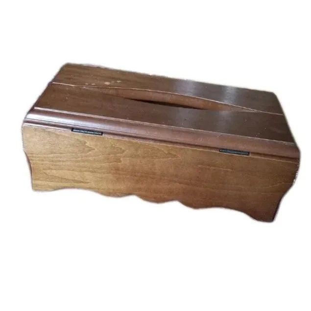 Hollywood Regency Traditional Country Rustic Elegant Box: Solid Wood, Hinged Lid, Gold Tone Trim, Scalloped Walnut Ornamental Facial Tissue Napkin Holder Decor For Sale - Image 3 of 10