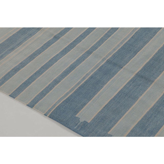 1950s Vintage Dhurrie Rug With Blue and Gray Geometric Stripes - Rug & Kilim For Sale - Image 5 of 9