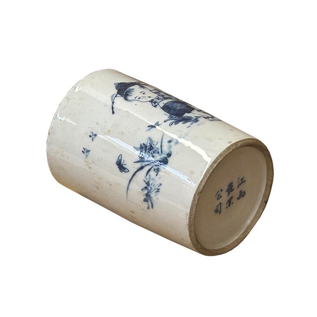 Chinese Distressed White Porcelain Blue Kid Playing Graphic Holder Vase For Sale - Image 9 of 10