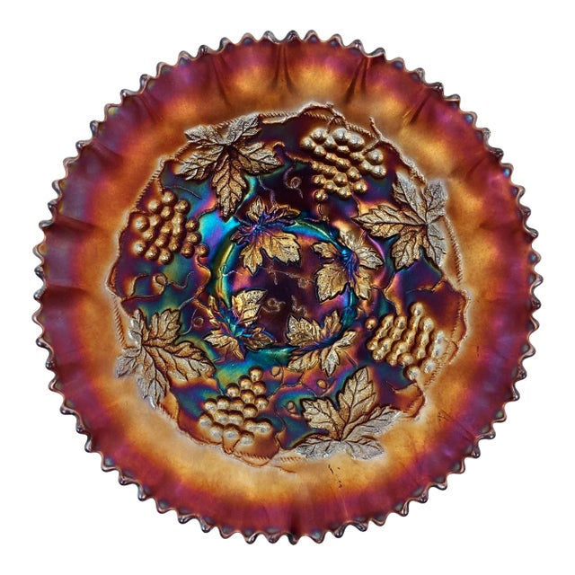 Early 20th Century Northwood Grape and Cable Amethyst Crimped Sawtooth Bowl For Sale