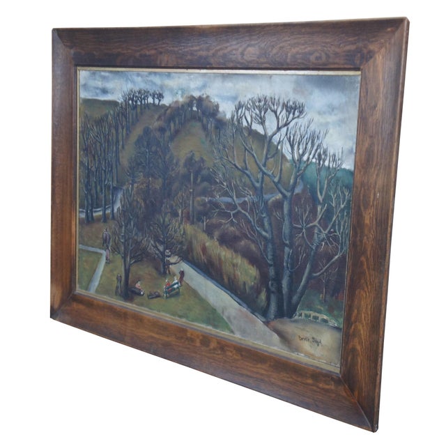 Large Mid-20th Century Bernie Segal woodland landscape oil painting. The painting features a park setting in the fall with...
