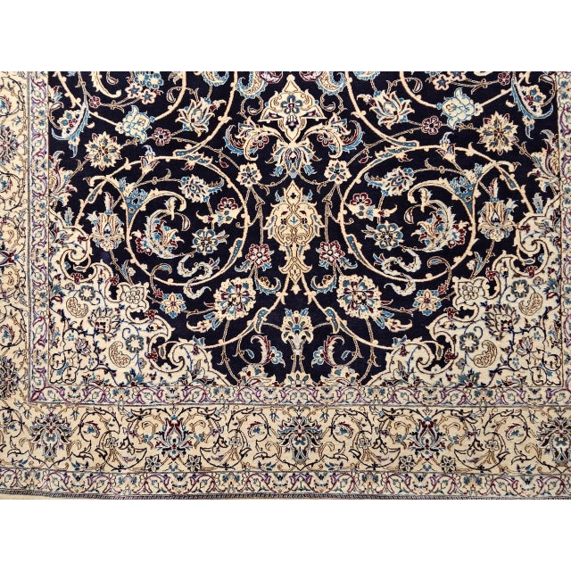 Textile Vintage Fine Persian Nain Habibian Area Rug, Hand-Knotted Wool & Silk, Floral Pattern, 5x8, Navy & Ivory For Sale - Image 7 of 12