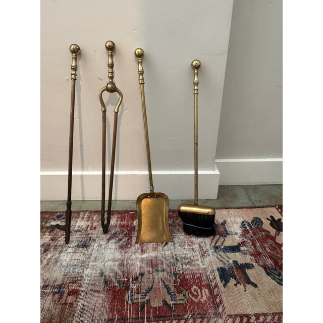 Howes-Marked Brass Fireplace Tool Set and Stand With Cannonball Andirons, Made in Usa For Sale - Image 12 of 13