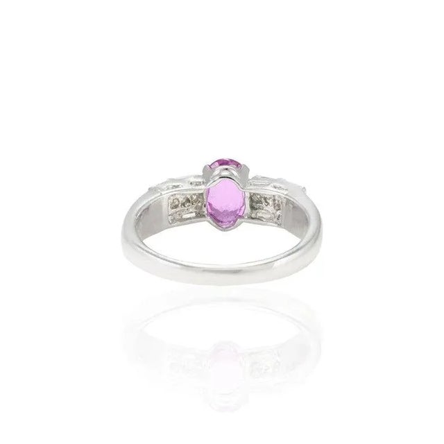 Vivid Pink Sapphire & Diamond Cluster Statement Ring Size 7 in 18k White Gold For Sale - Image 4 of 10