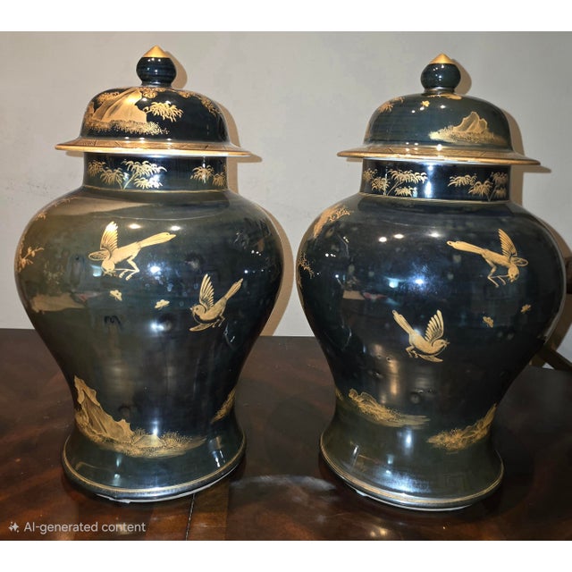 Pair of Mirror Black Chinese Ginger Jars with Landscapes and Birds Motifs 10"x10"x18"