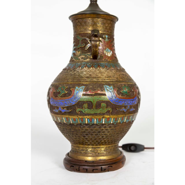 1900s Asian Etched Bronze & Champleve Enamel Urn Vase as Lamp For Sale In San Francisco - Image 6 of 11