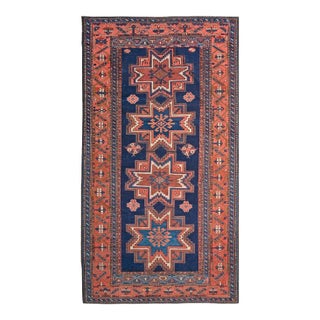 1920s Blue Navy Geometric Tribal Antique Caucasian Lesghi Rug 4'0" X 7'3" Handknotted Wool Carpet For Sale