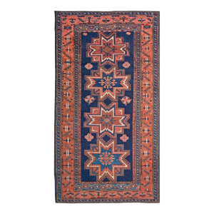 1920s Blue Navy Geometric Tribal Antique Caucasian Lesghi Rug 4'0" X 7'3" Handknotted Wool Carpet