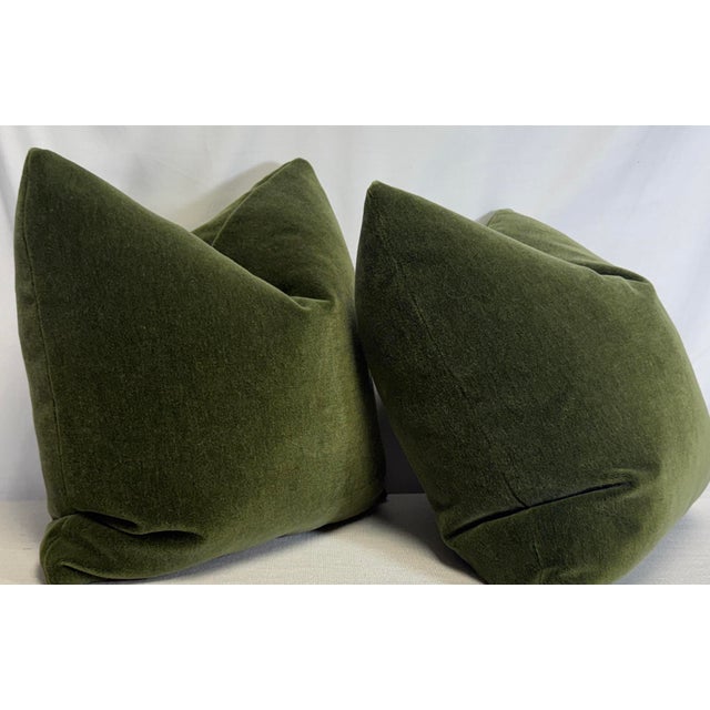 Custom pair of 22" pillows covered in Opuzen "Nevada Mohair" in color loden. These pillows have tapered corners to prevent...