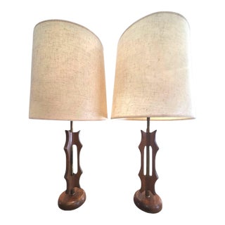 Vintage Sculptural Wood Table Lamps – Matching Pair With Original Shades For Sale