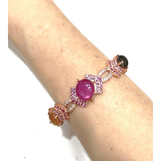 Bochic “Capri” Ruby & Multi Color Gem & Sapphire Bangle Set In 18K Gold & Silver For Sale - Image 10 of 11