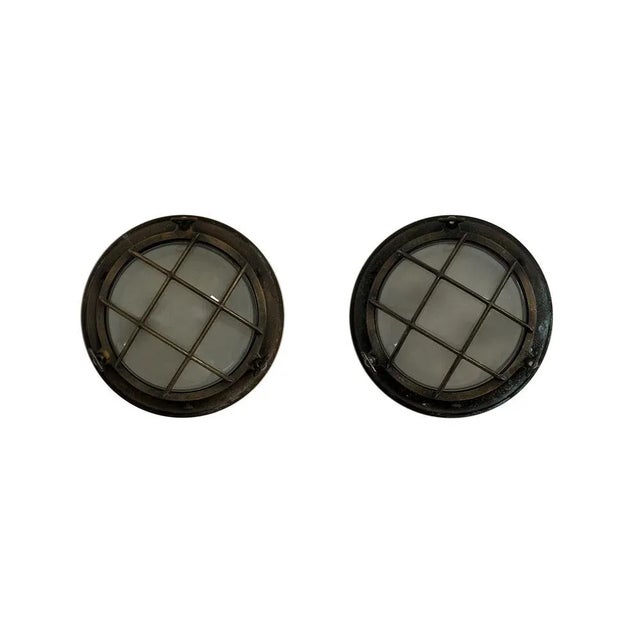 Vintage Industrial Military Maritime Bulkhead Wall Lights in Brass and Convex Glass, Set of 2 For Sale - Image 6 of 6