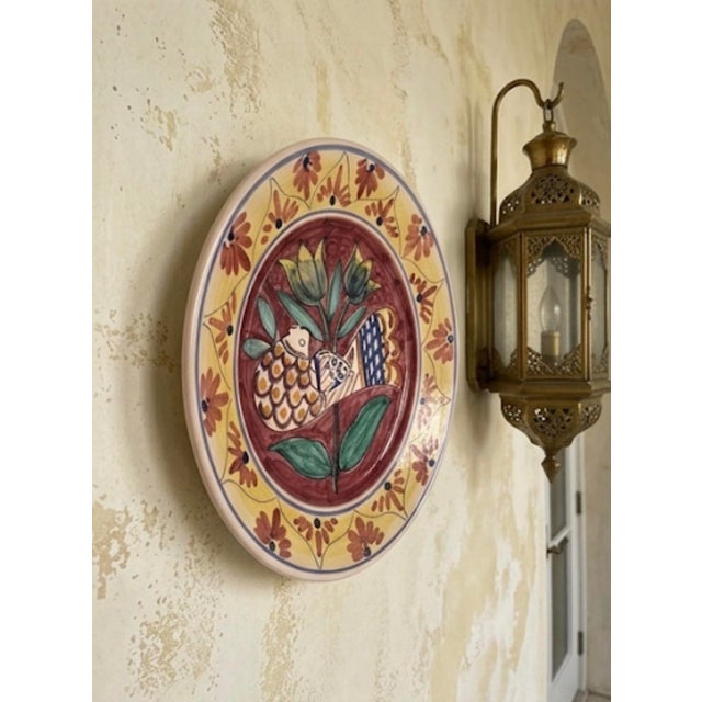 Vintage Hand-Painted Mediterranean Terracotta Wall Accent Plate With Bird & Tulip Motif For Sale - Image 10 of 11