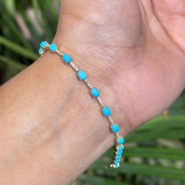 Mexican 14k Solid Gold Natural 3.25ct Turquoise & Diamond Mexican Bracelet For Sale - Image 3 of 16