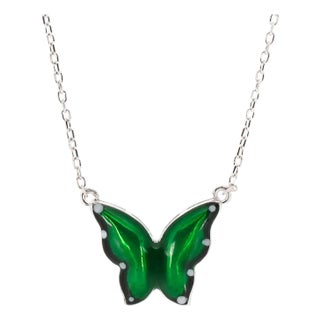 Silver Abundance Green Enamel Butterfly Necklace For Sale