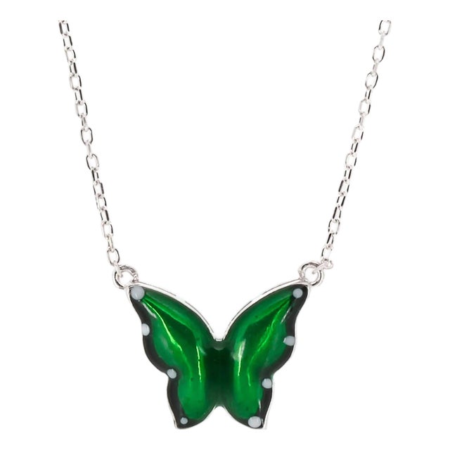 Silver Abundance Green Enamel Butterfly Necklace For Sale