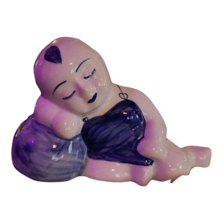 1980s Thai Blue & White Sleeping Boy Piggy Bank Figurine For Sale