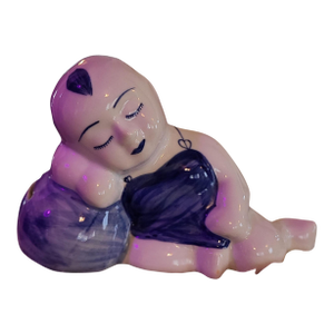 1980s Thai Blue & White Sleeping Boy Piggy Bank Figurine