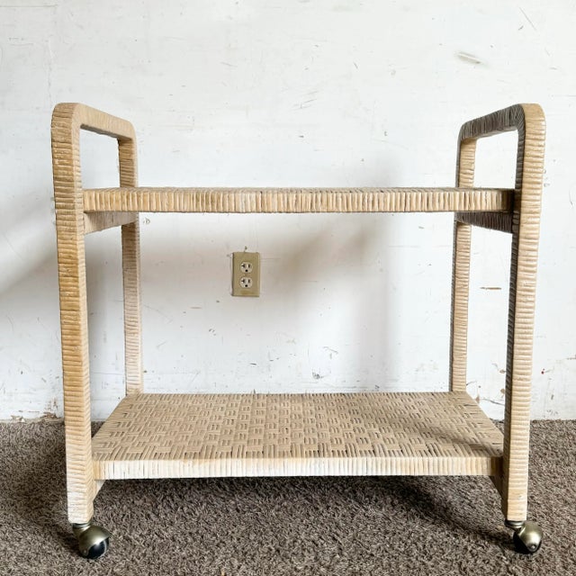 Boho Chic Boho Chic Blonde Woven Wicker Bar/Tea Cart For Sale - Image 3 of 9