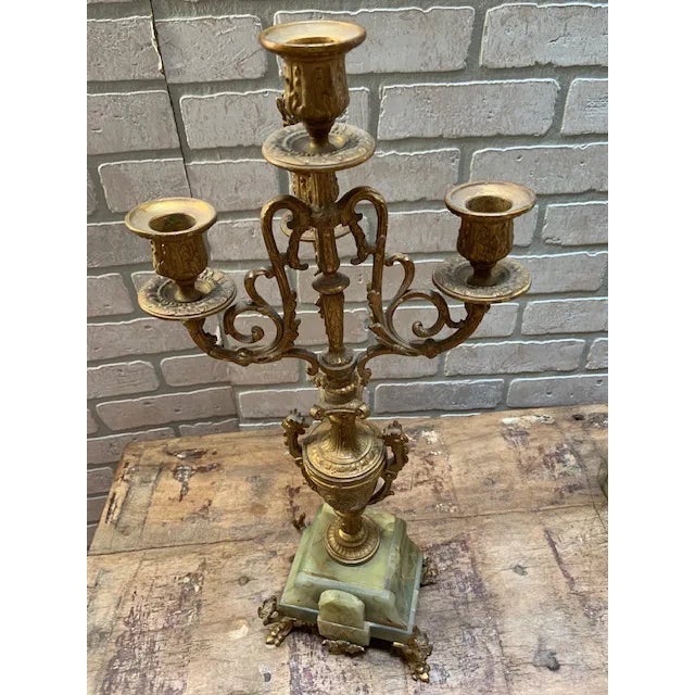 Antique French Neoclassical Green Onyx Garniture Clock Set For Sale - Image 9 of 11