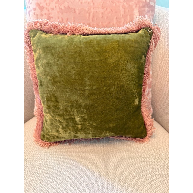 Contemporary Anke Drechsel Olive Green Silk Velvet Pillow With Blush Fringe Trim For Sale - Image 3 of 8