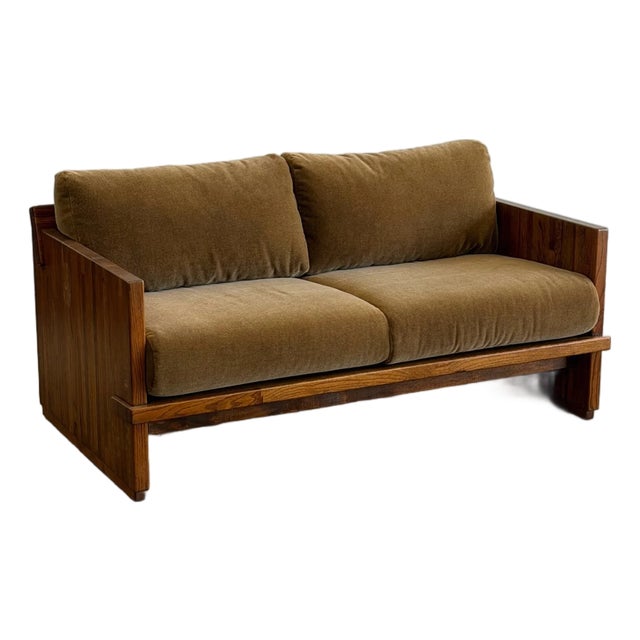 1970s Solid Oak Sling Loveseat in Mohair For Sale