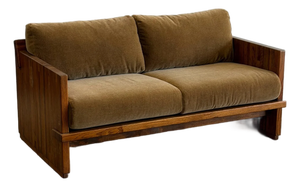 1970s Solid Oak Sling Loveseat in Mohair