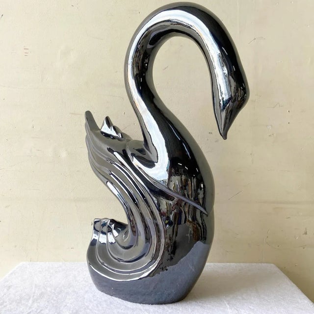 Amazing vintage postmodern ceramic swan. Features a glossy charcoal finish.