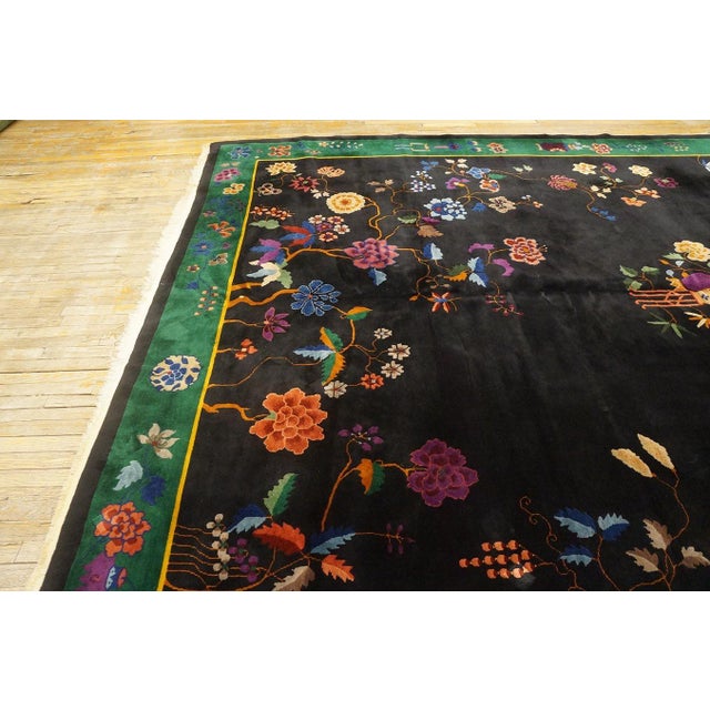 1920s Black Floral Modernist Antique Chinese Art Deco Rug 10' X 13' 6" Knotted Wool Carpet For Sale - Image 12 of 12